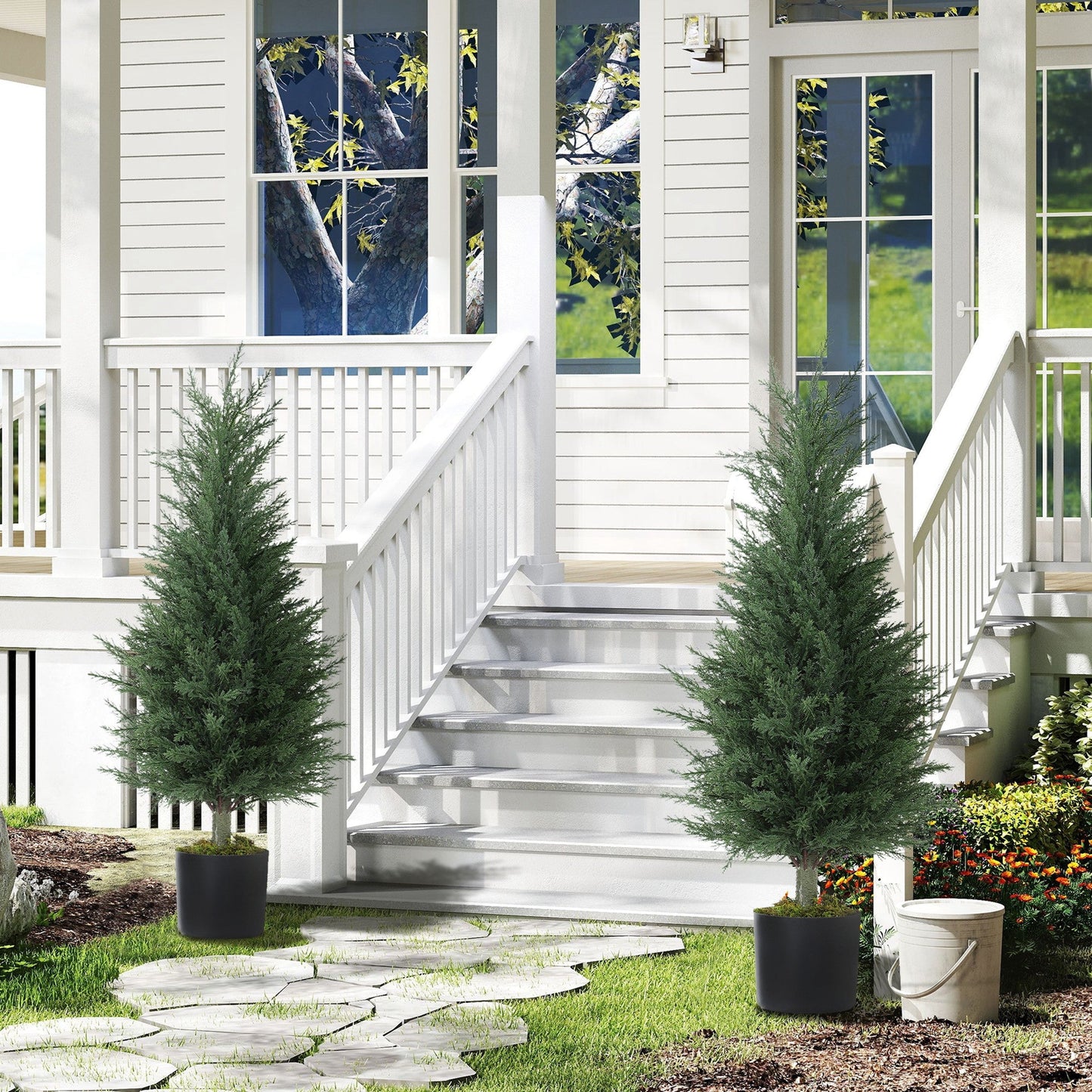 HOMCOM Set of 2 Decorative Artificial Plant, 90 cm Cypress Tree with 362 Leaves in Pot, UV-Resistant Plastic Fake Tree for Indoor Outdoor Home Office