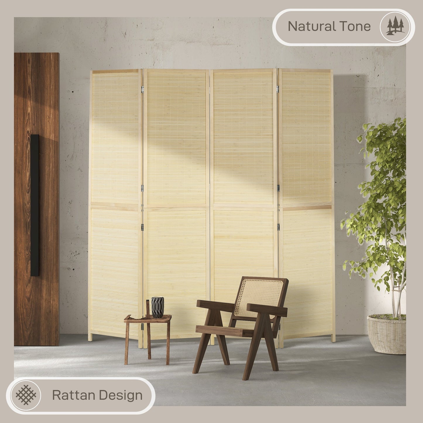 HOMCOM Room Divider, Freestanding Privacy Screen, 4 Panel Folding, 180 x 180cm, Natural