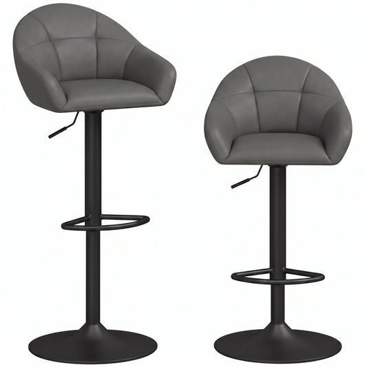 HOMCOM Bar Stools Adjustable Heights Breakfast Bar Stools Backrest Armrests Set of 2 with Rubber Ring Metal Base, Grey