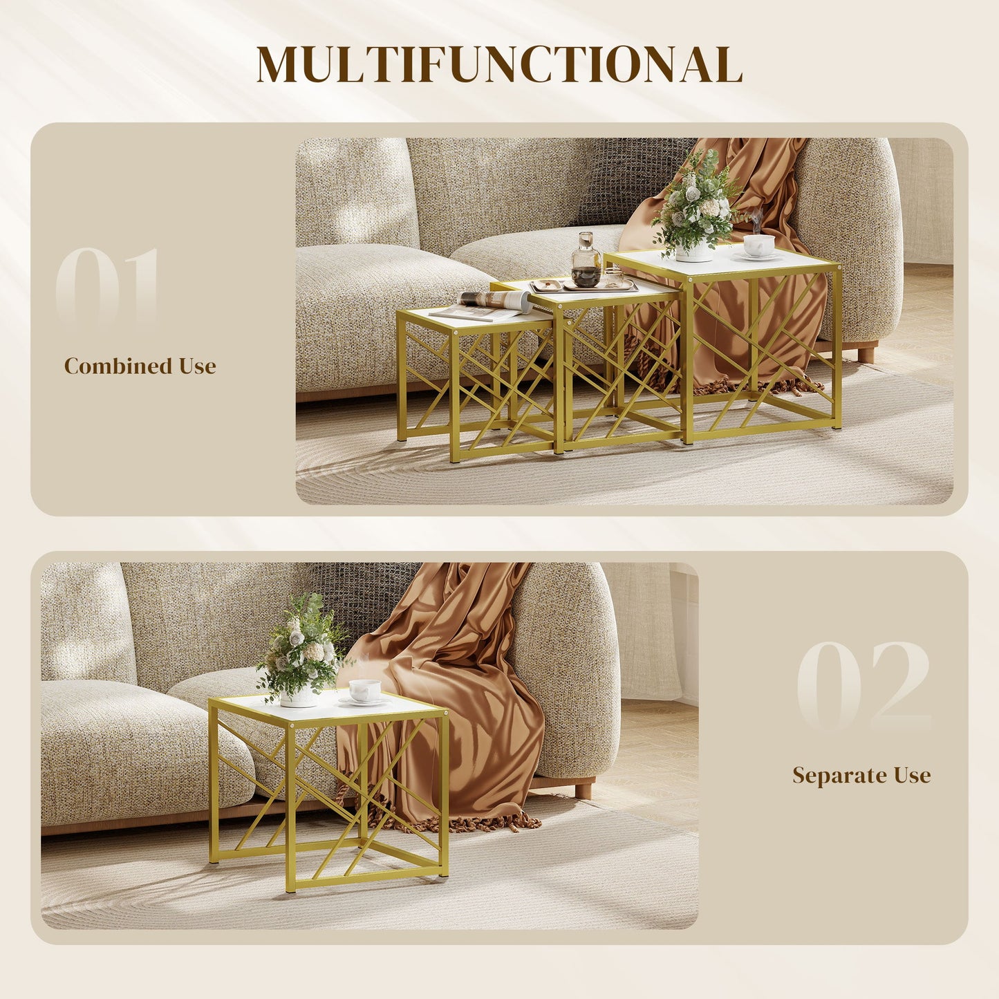 HOMCOM Nesting Coffee Tables, Set of 3 Square Side Tables with Black Metal Frame, for Living Room, Bedroom and Office, White