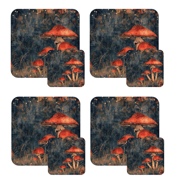 Magical Mushrooms Set of 4 Table Mats and Matching Coasters