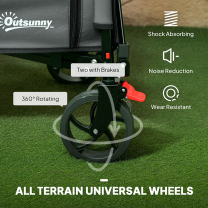 Outsunny Folding Trolley on Wheels, 150L Collapsible Wagon Festival Trolley Cart with Openable Sides, Adjustable Handle and Brakes for Shopping Camping Beach and Garden, Grey