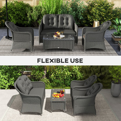 Outsunny Four-Piece Rattan Sofa Set, with Glass-Top Table - Light Grey