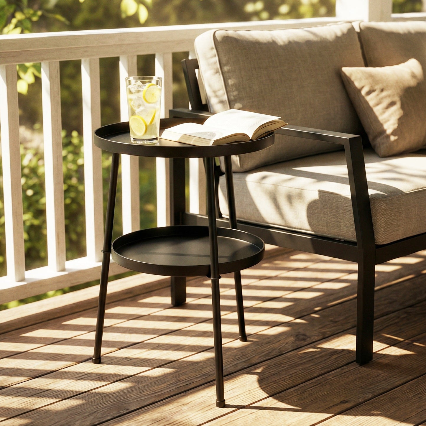 Outsunny Patio Side Table, 2-Tier Round Coffee End Table for Garden Balcony Living Room Bedroom, Black
