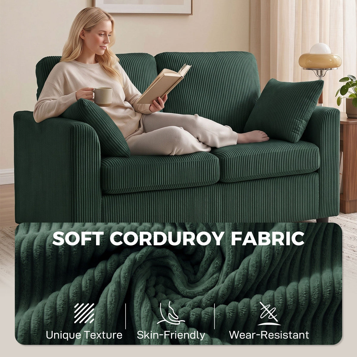 HOMCOM 2 Seater Sofa, Corduroy Small Couch with Spring Cushion, Wide and Deep Seat, Dark Green