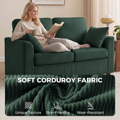 HOMCOM 2 Seater Sofa, Corduroy Small Couch with Spring Cushion, Wide and Deep Seat, Dark Green