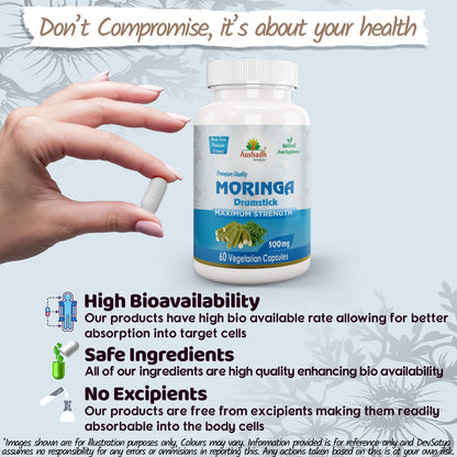 Aushadh Moringa Oleifera Capsules (Drumstick Tree) Energy & Nutrition Support - Vegan, Gluten Free, Non-GMO, 60 Capsules