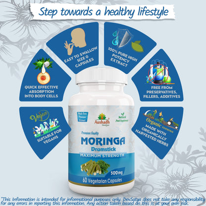 Aushadh Moringa Oleifera Capsules (Drumstick Tree) Energy & Nutrition Support - Vegan, Gluten Free, Non-GMO, 60 Capsules