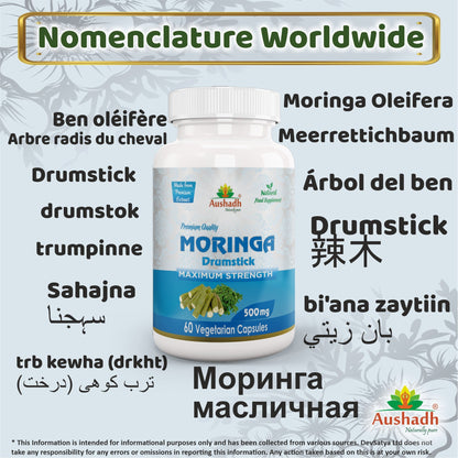 Aushadh Moringa Oleifera Capsules (Drumstick Tree) Energy & Nutrition Support - Vegan, Gluten Free, Non-GMO, 60 Capsules