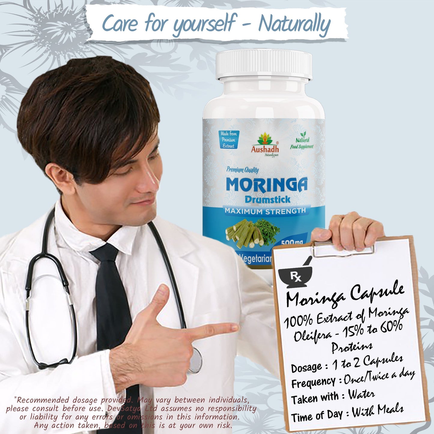 Aushadh Moringa Oleifera Capsules (Drumstick Tree) Energy & Nutrition Support - Vegan, Gluten Free, Non-GMO, 60 Capsules