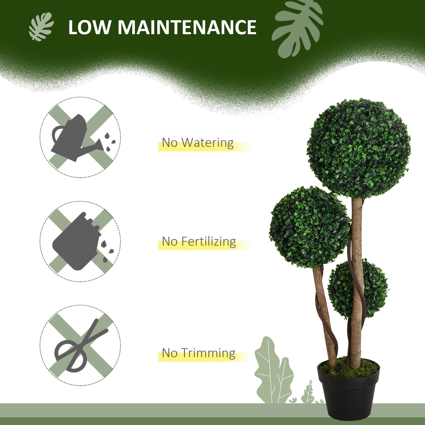 HOMCOM Decorative Artificial Plants Set of 2, Boxwood Ball Topiary Trees in Pot Fake Plants for Home Indoor Outdoor Decor, 90 cm, Dark Green