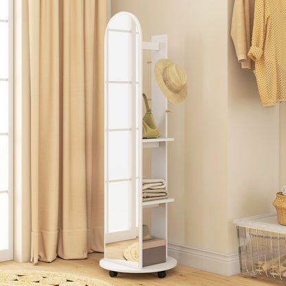 HOMCOM 2-in-1 Full Length Mirror with Storage Shelves, Floor Mirror with 4 Wheels, Coat Rack, Hooks, White