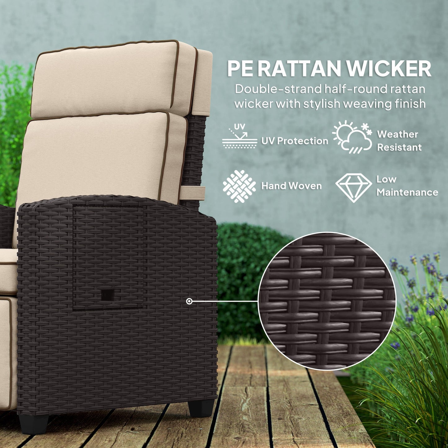 Outsunny Rattan Garden Recliner Chair, Adjustable Backrest Reclining Rattan Chair with Flip Table, Cushion and Footrest, Indoor Outdoor Lounge Reclining Sun Lounger for Patio, Dark Brown/Khaki