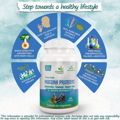 Ayushya Mucuna Pruriens Capsules (Velvet Bean) Mood Balance & Vitality Support - Vegan, Gluten Free, Non-GMO, 60 Capsules