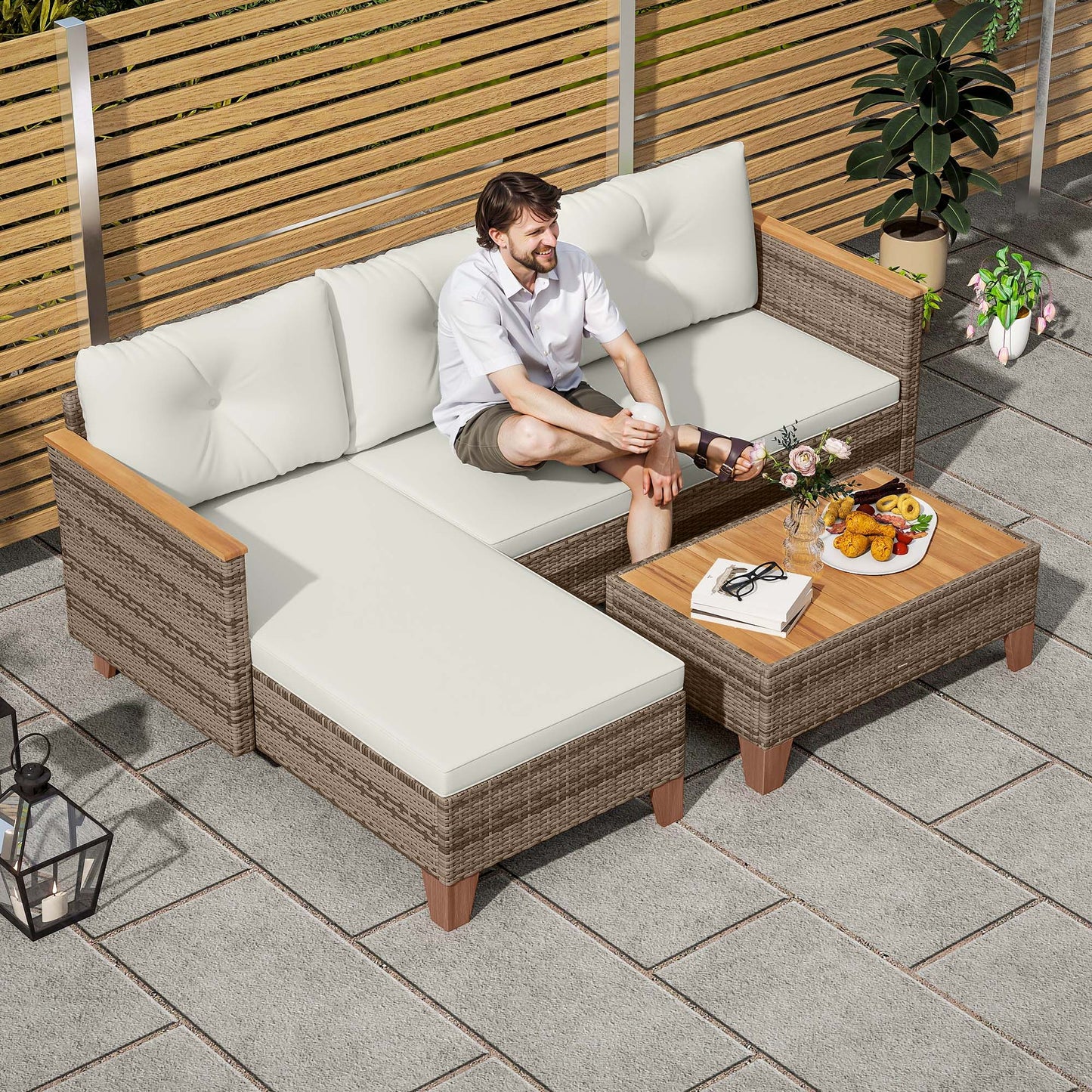 Outsunny 3 Pieces Rattan Garden Furniture Set, L Shaped Garden Conversation Chaise Lounge Furniture with Wood Top Coffee Table and Thick Cushions, Cream