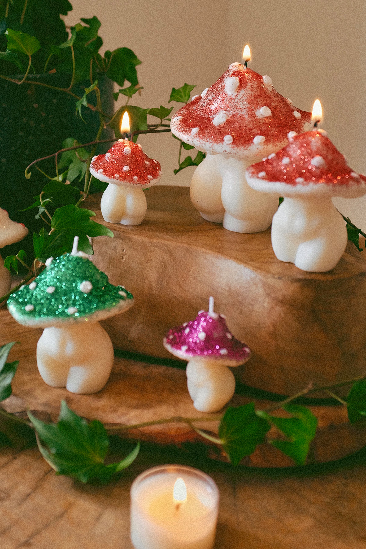 Glittery Mushroom Candles - Trio