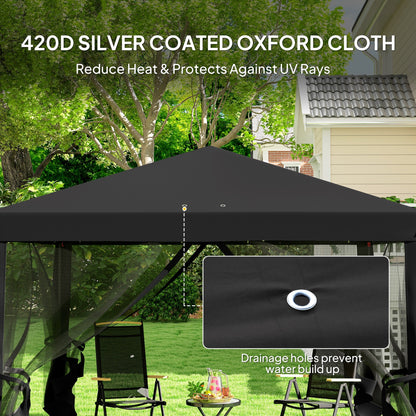 Outsunny 3 x 3\'c2\'a0m Pop Up Gazebo, 420D Garden Tent Canopy with Removable Mesh Sidewall Netting, Carry Bag for Garden Patio Outdoor, Black