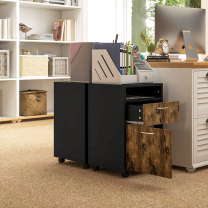 HOMCOM 60cm Filing Cabinet with Drawer, Open Shelf, Metal Handles and 4 Wheels, Office Home Organiser Mobile Printer, Rustic Brown