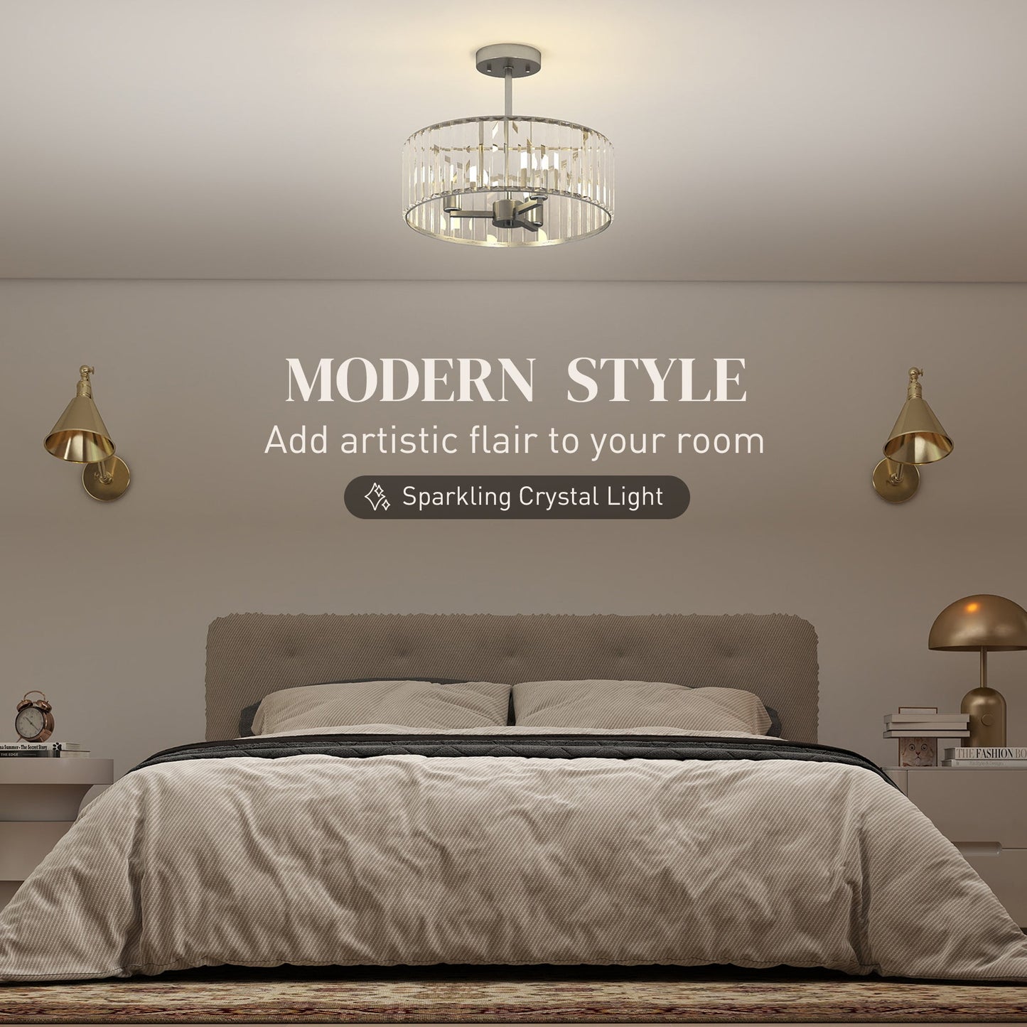 HOMCOM Crystal Ceiling Light Fixture, Semi Flush Mount Modern Crystal Chandelier Ceiling Light for Living Room, Bedroom, Hallway,  Dining Room, E14 Base 3-Lights, Silver Tone