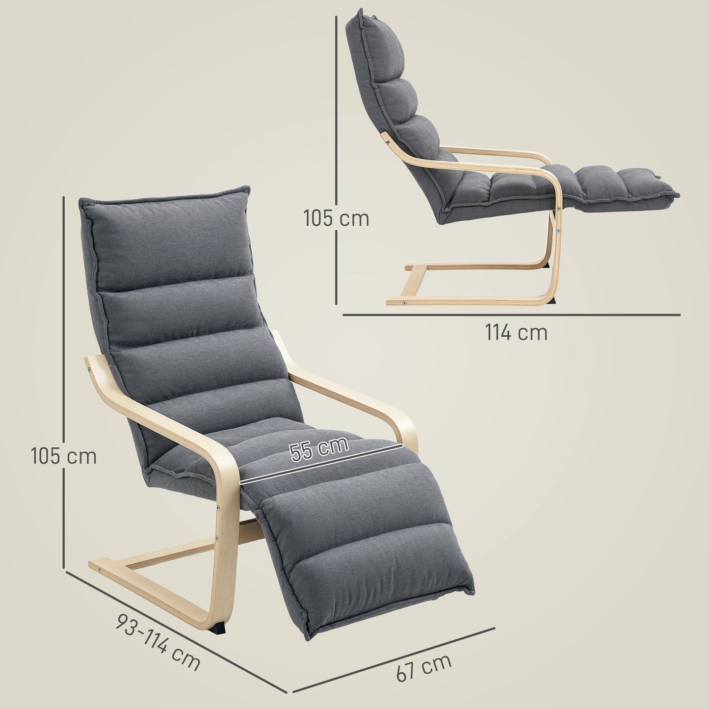 HOMCOM Curved Wooden Accent Chair, with Adjustable Footrest - Drak Grey