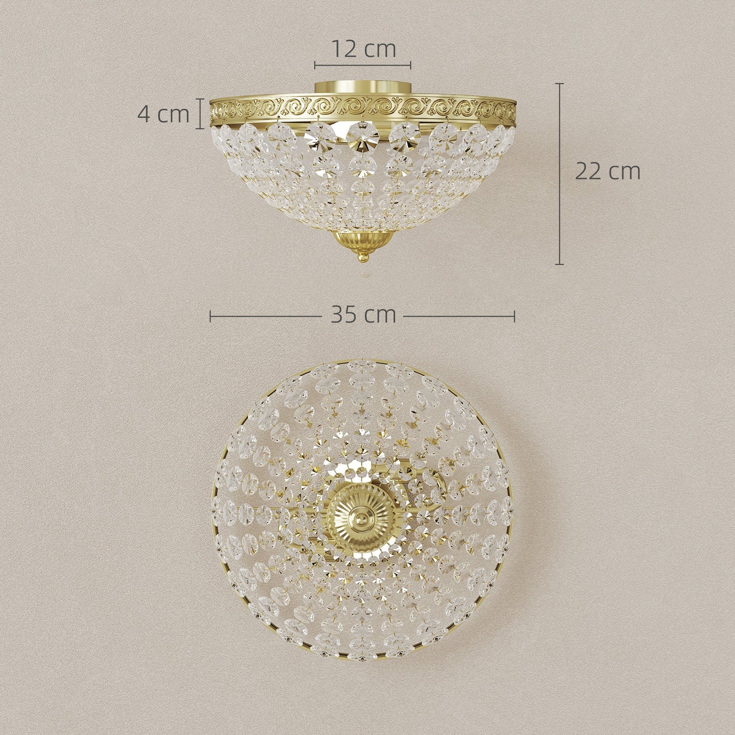 HOMCOM Crystal Chandelier Ceiling Light with 168 Octagonal Beads, Vintage 2-Light Flush Mount Ceiling Light for Living Room, Bedroom, Hallway, Dining Room, Gold Tone