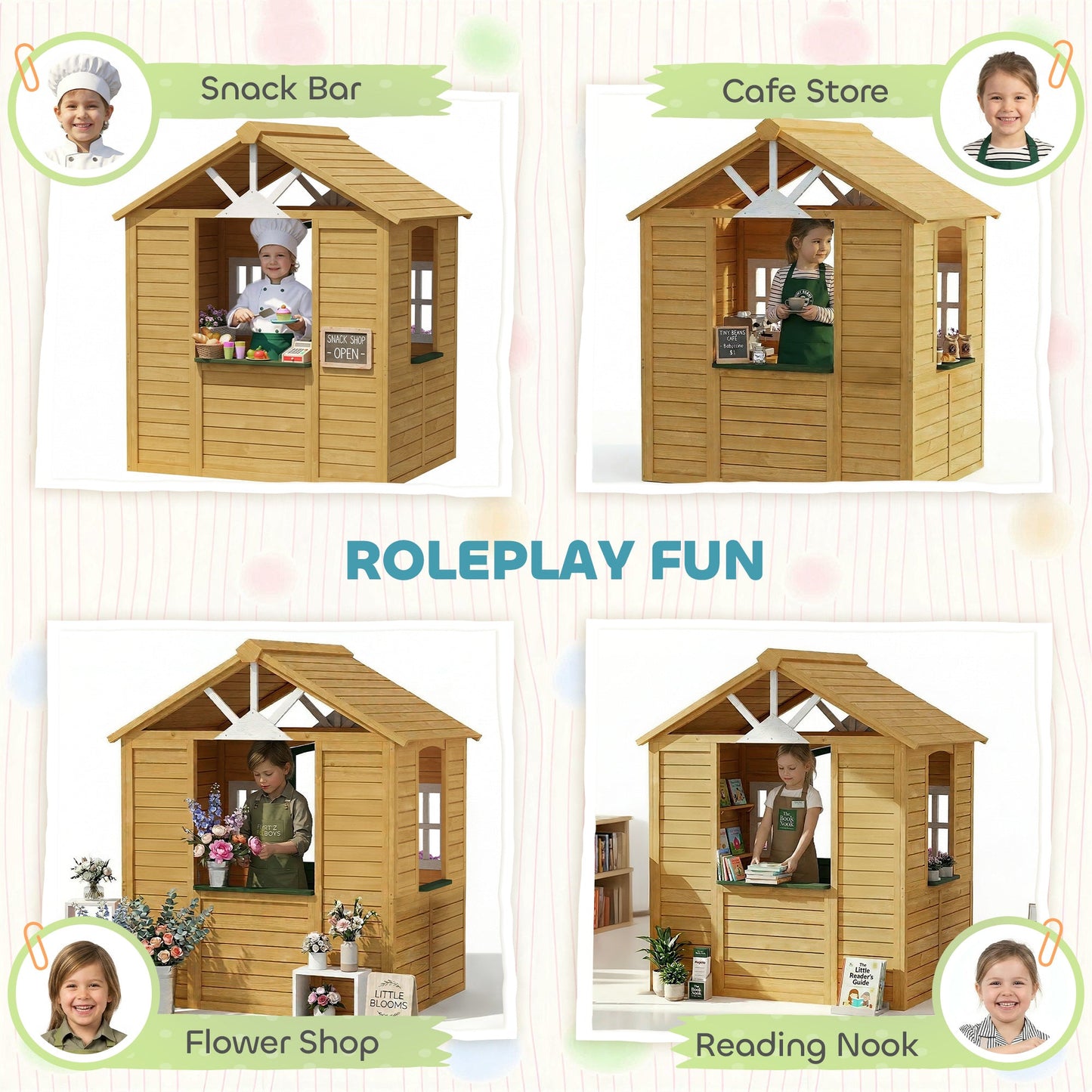 AIYAPLAY Outdoor Kids Playhouse, Wooden Wendy House with Door, 3 Windows, 2 Flower Boxes for Garden, Indoor Playroom
