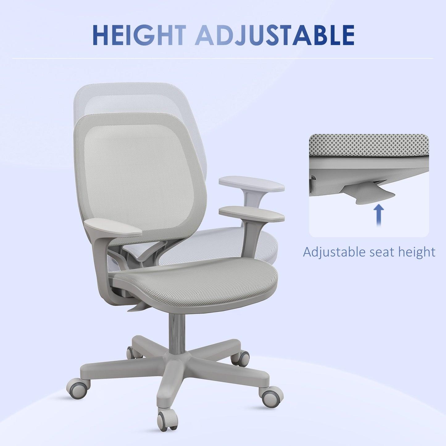 Vinsetto Office Chair, Breathable Mesh Swivel Desk Chair with Adjustable Height and  360° Swivel Security Wheels for Home Office, Study, Grey