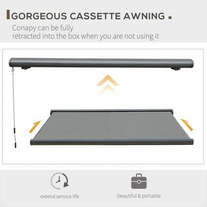 Outsunny 3.5x3m LED Light Full Cassette Case Electric/Manual Awning Door Window Sun Shade Patio Canopy Retractable w/ Remote Grey