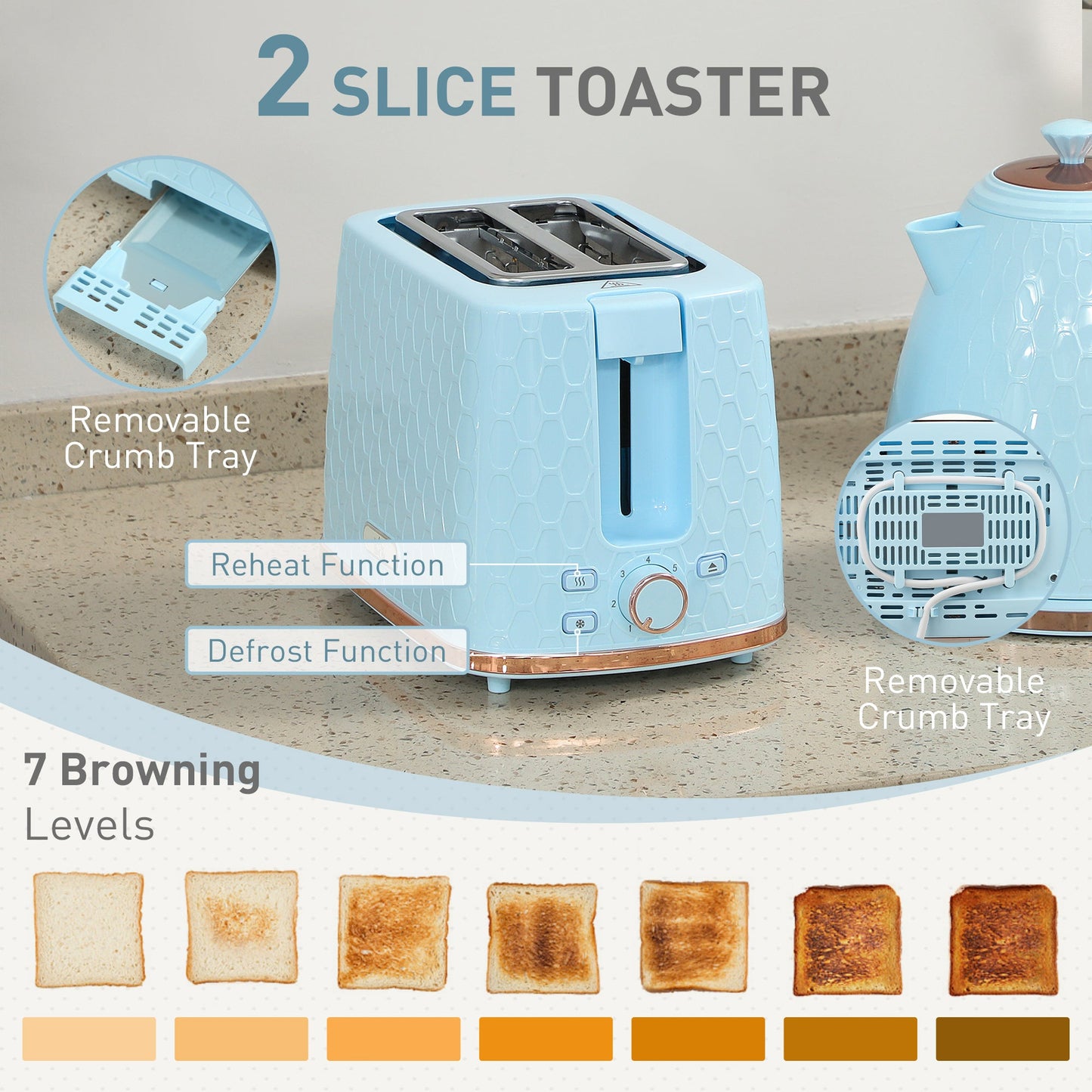 HOMCOM 1.7L 3000W Fast Boil Kettle & 2 Slice Toaster Set, Kettle and Toaster Set with Auto Shut Off, Browning Controls, Light Blue