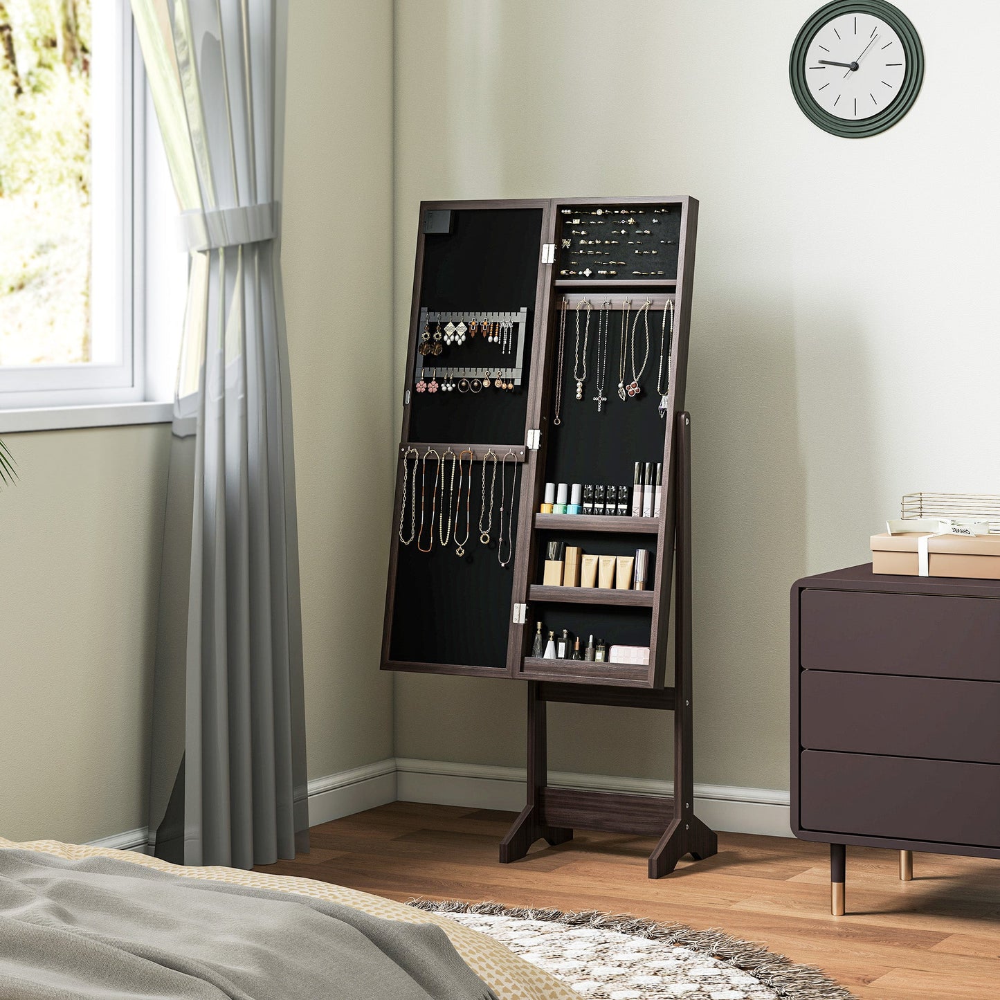 HOMCOM Free Standing Mirror Jewelry Cabinet with LED Lights, Jewellery Organiser with 3 Angle Adjustable, Full-Length Mirror with Storage for Earrings, Necklaces, Rings and Lipsticks, Dark Brown