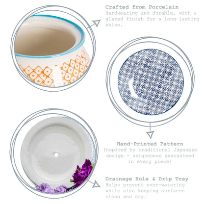 20cm Hand Printed Stoneware Plant Pot with Saucer