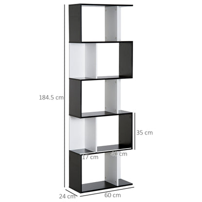HOMCOM 5-tier Bookcase Storage Display Shelving S Shape design Unit Divider Black