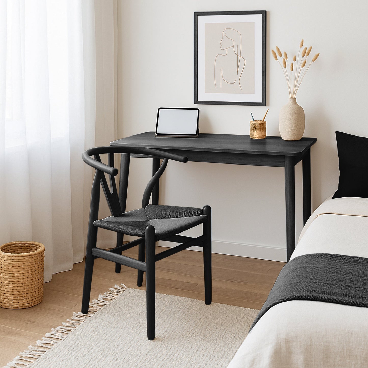 Black Wooden Wishbone Dining Chair with Black Weave