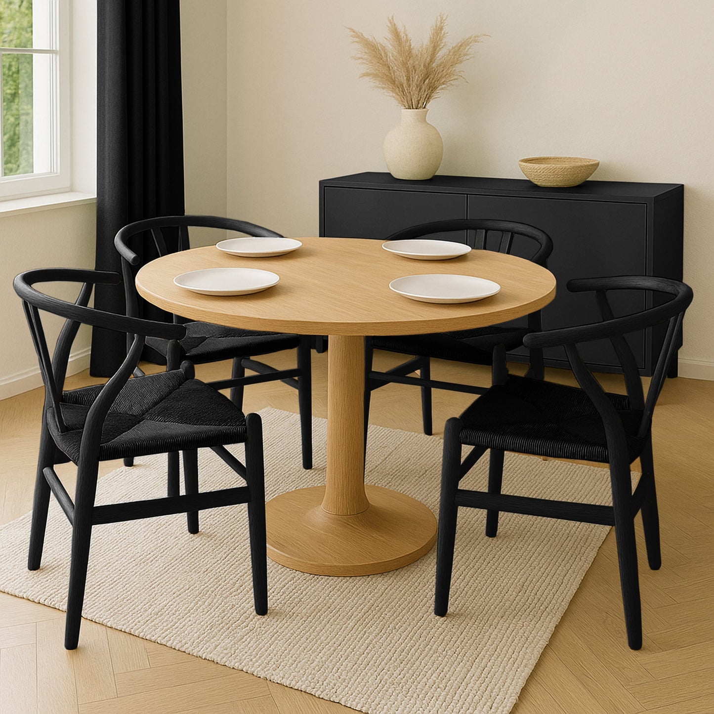 Black Wooden Wishbone Dining Chair with Black Weave