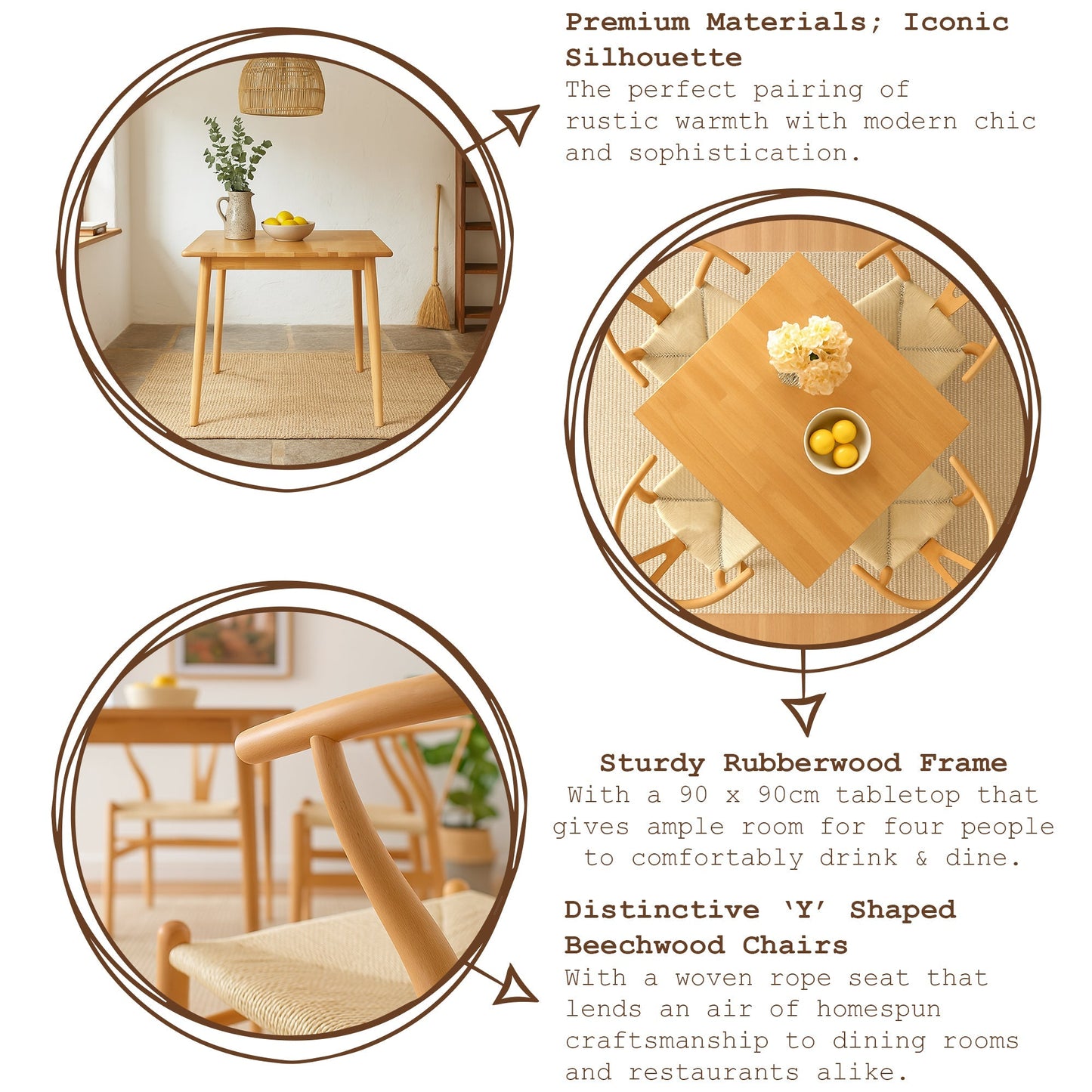 5pc 90cm Square Beige Wooden Table & Black Wishbone Chair Dining Set