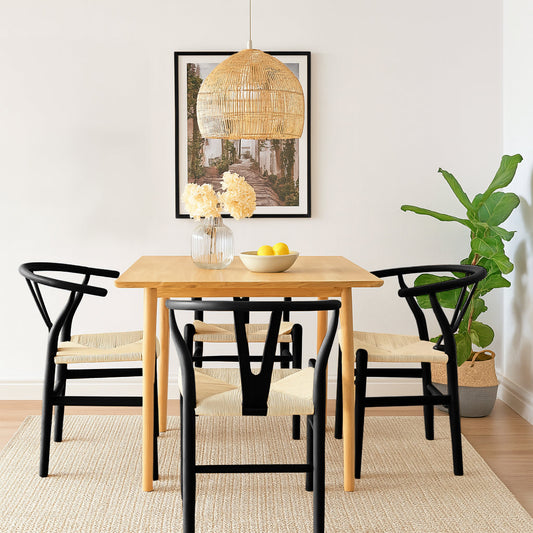 5pc 90cm Square Beige Wooden Table & Black Wishbone Chair Dining Set