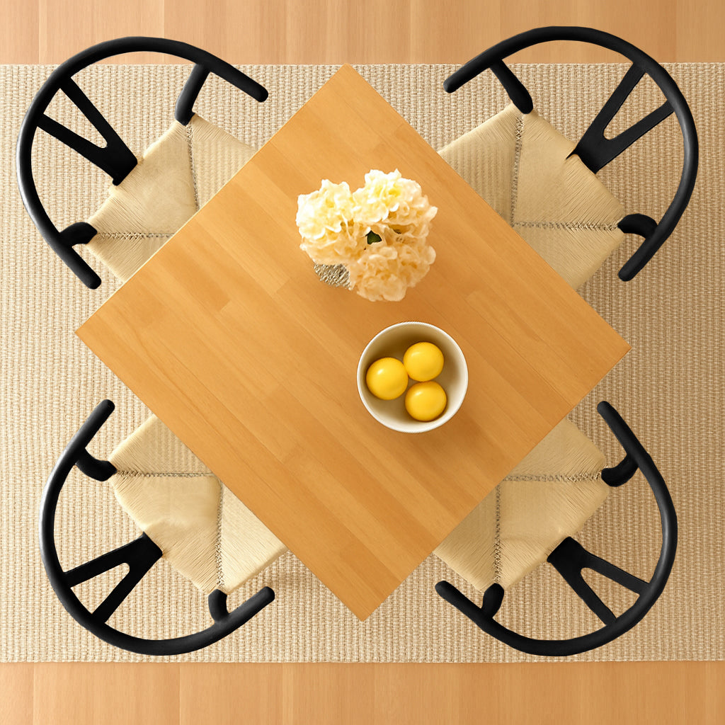 5pc 90cm Square Beige Wooden Table & Black Wishbone Chair Dining Set