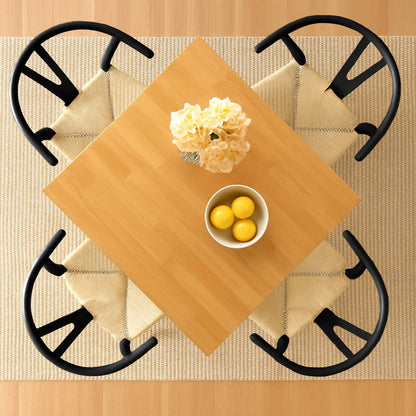 5pc 90cm Square Beige Wooden Table & Black Wishbone Chair Dining Set