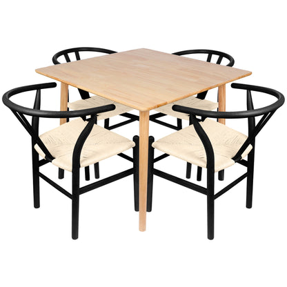 5pc 90cm Square Beige Wooden Table & Black Wishbone Chair Dining Set