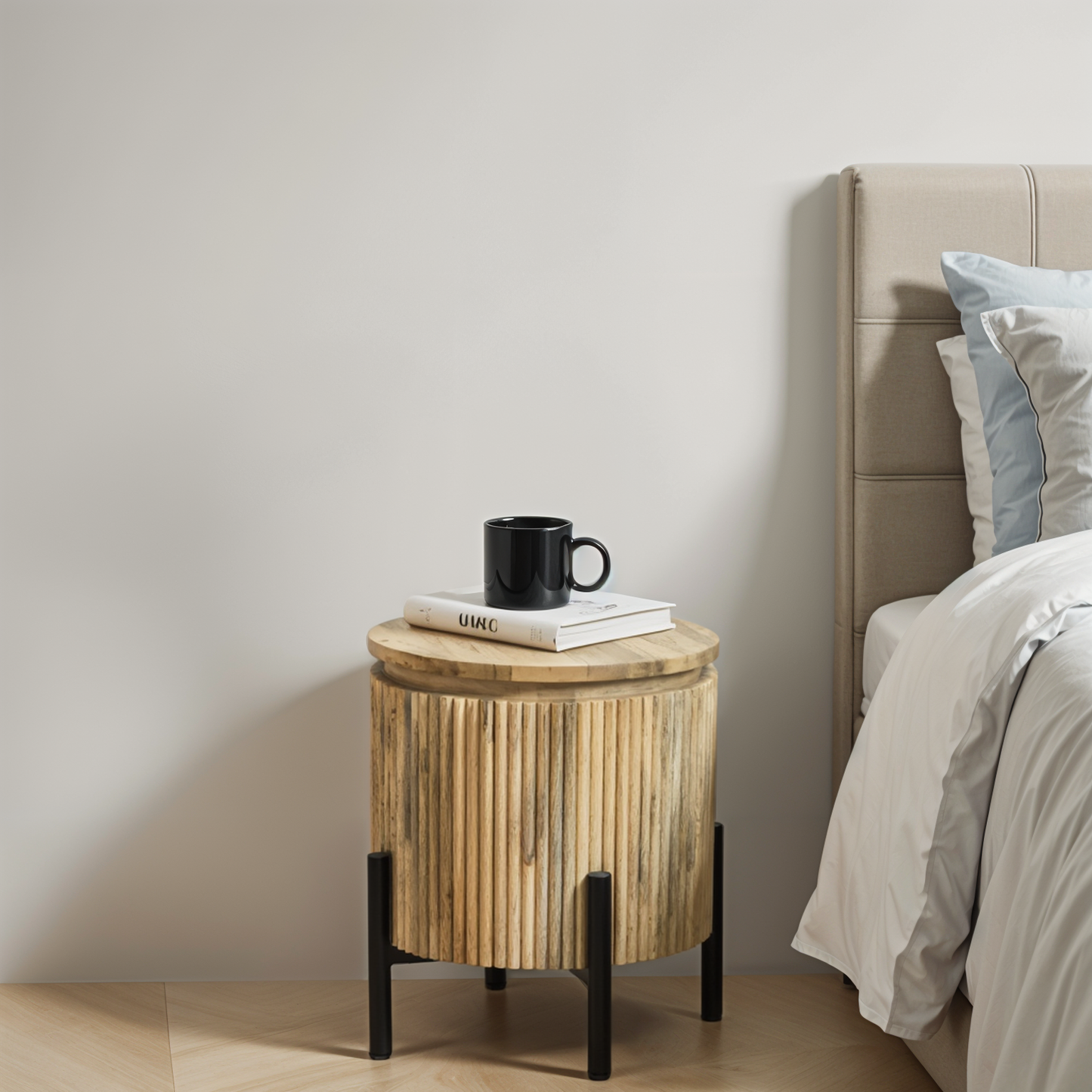 York Solid Wood Bedside Table with Metal Legs