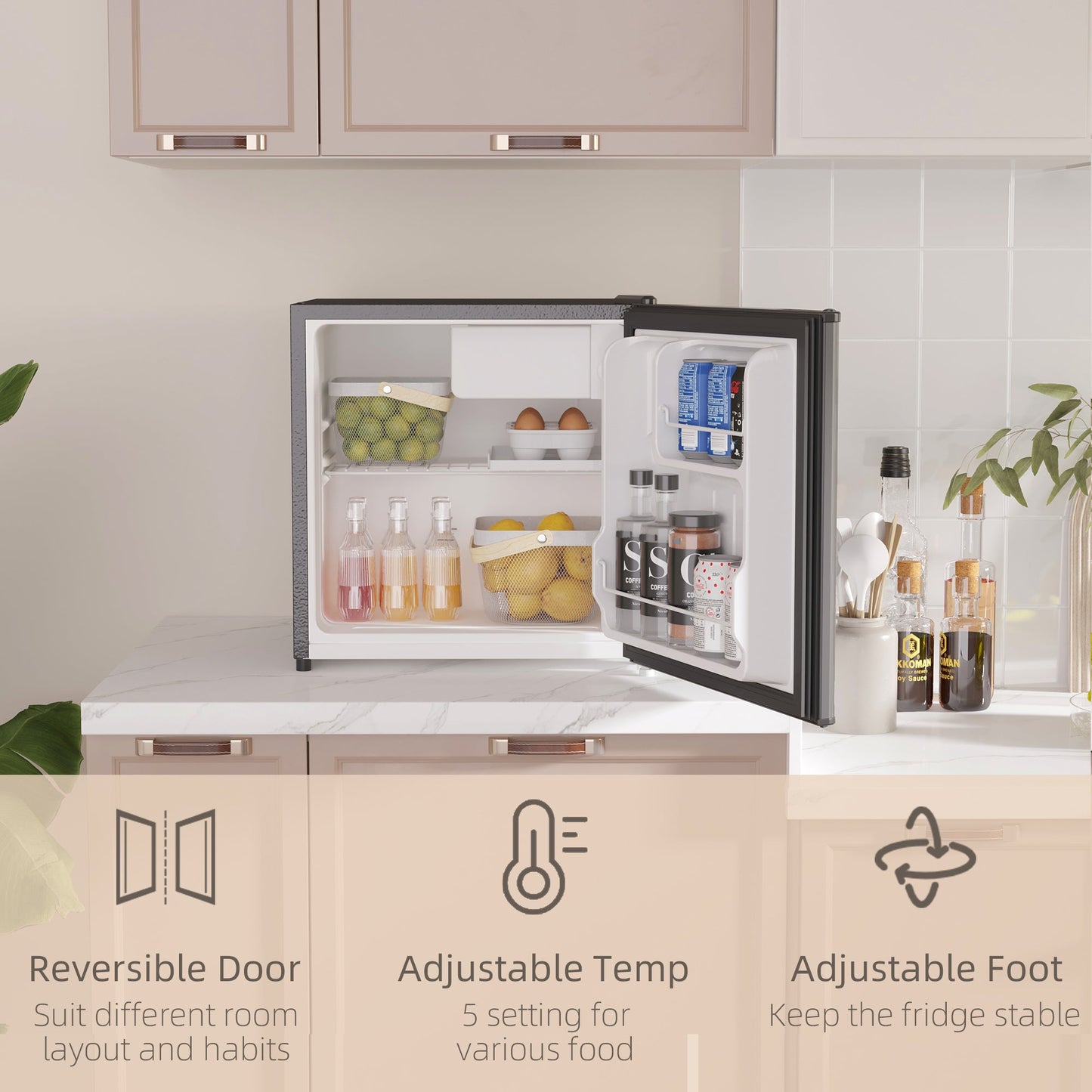 HOMCOM 46 Litre Table Top Mini Fridge, Small Fridge with Ice Box, Reversible Door, Adjustable Temperature and Legs for Bedrooms, Home Office, Black