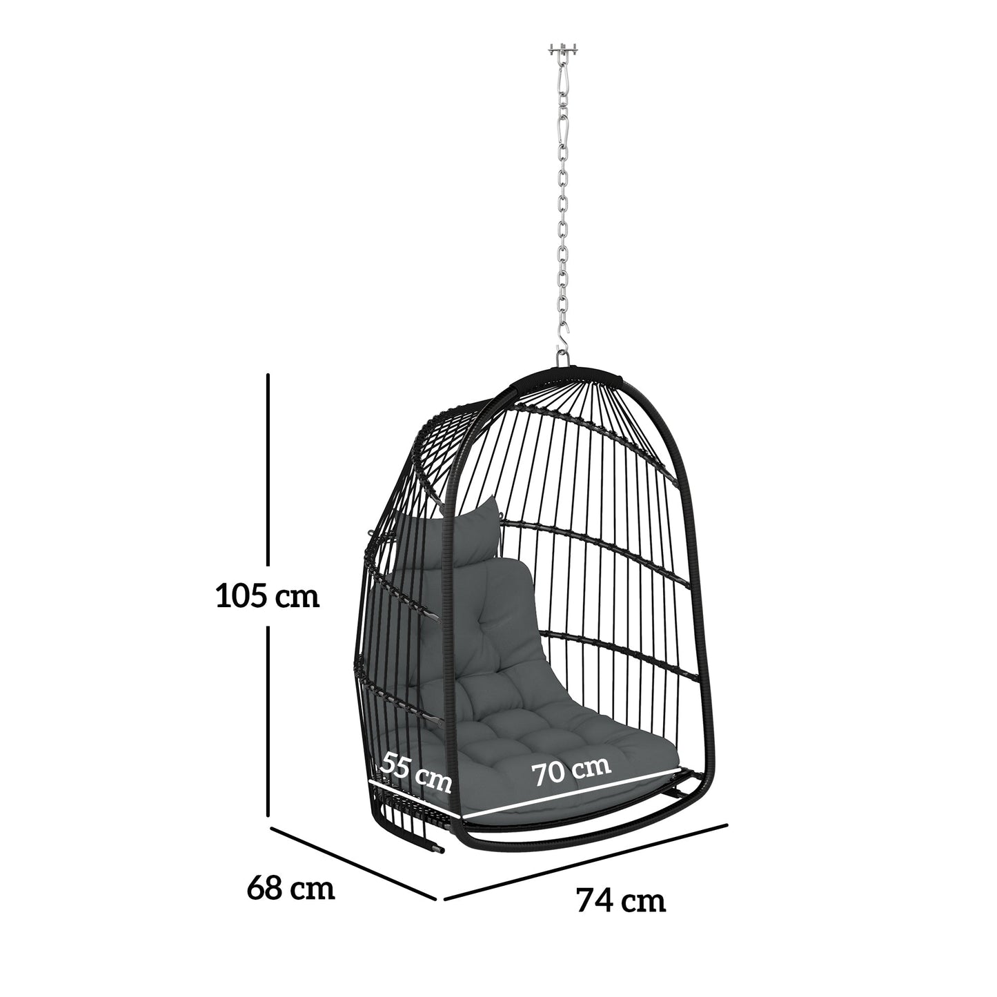 Outsunny Hanging Egg Chair, Foldable Rattan Garden Swing Chair with Installation Kit, Thickened Cushion and Headrest, Indoor Outdoor Hanging Egg Basket Seat for Patio, Porch, Dark Grey