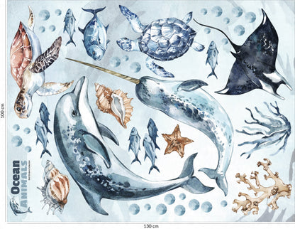 Ocean Decal Set - Dolphin, Narwhal, Stingray, Turtle + More - Watercolour Effect Stickers - Ocean Theme