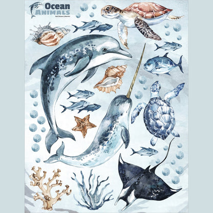 Ocean Decal Set - Dolphin, Narwhal, Stingray, Turtle + More - Watercolour Effect Stickers - Ocean Theme