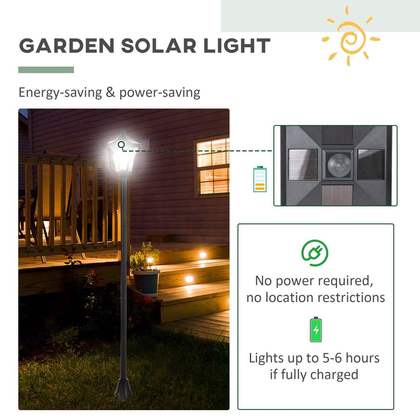 Outsunny Outdoor Garden Solar Post Lamp Photosensitive LED Lantern Bollard Pathway 1.2M Tall – Black