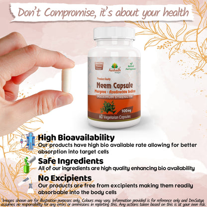 Aushadh Neem Capsules (Margosa) Skin & Immune Wellness Support - Vegan, Gluten Free, Non-GMO, 60 Capsules
