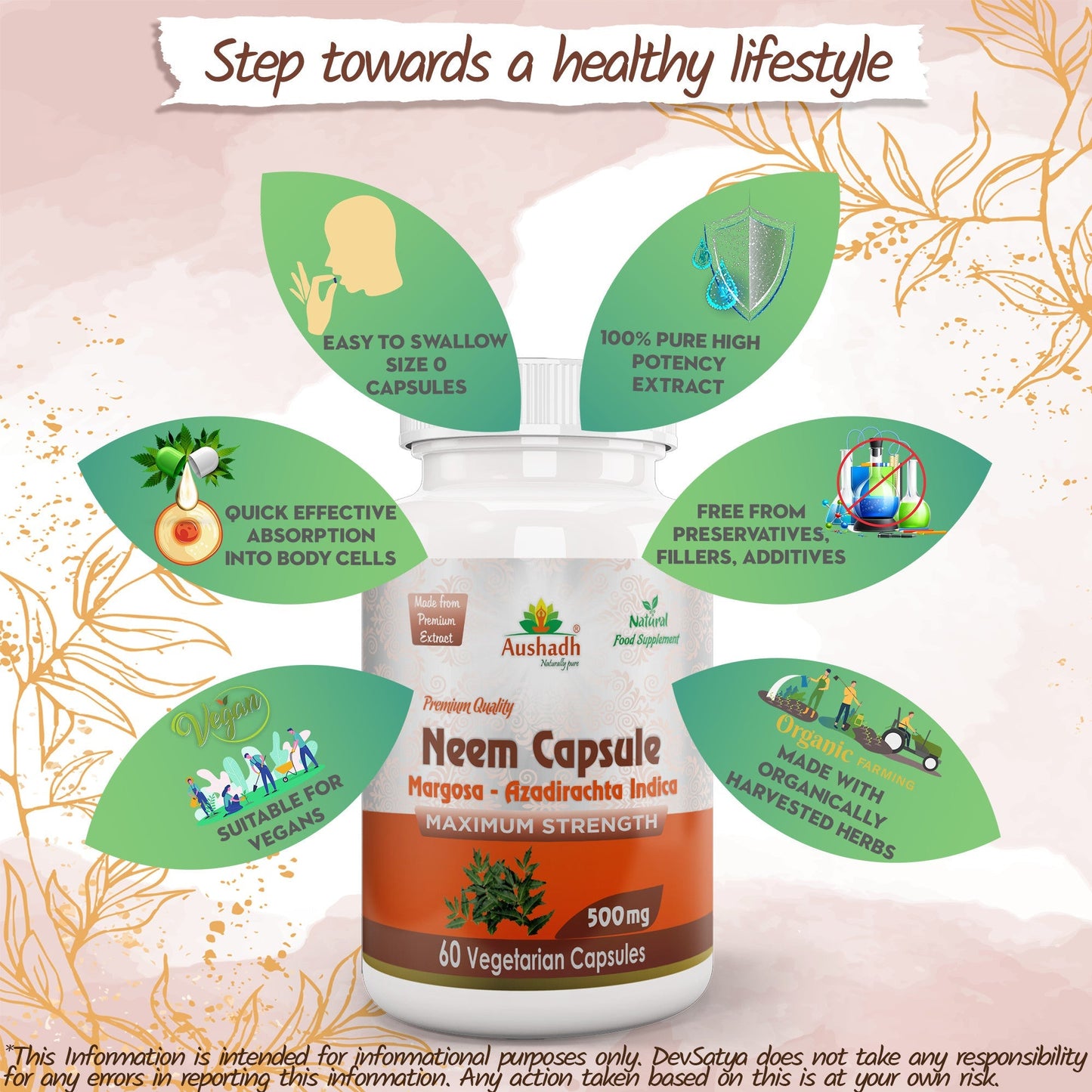 Aushadh Neem Capsules (Margosa) Skin & Immune Wellness Support - Vegan, Gluten Free, Non-GMO, 60 Capsules