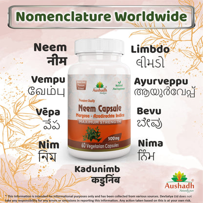 Aushadh Neem Capsules (Margosa) Skin & Immune Wellness Support - Vegan, Gluten Free, Non-GMO, 60 Capsules