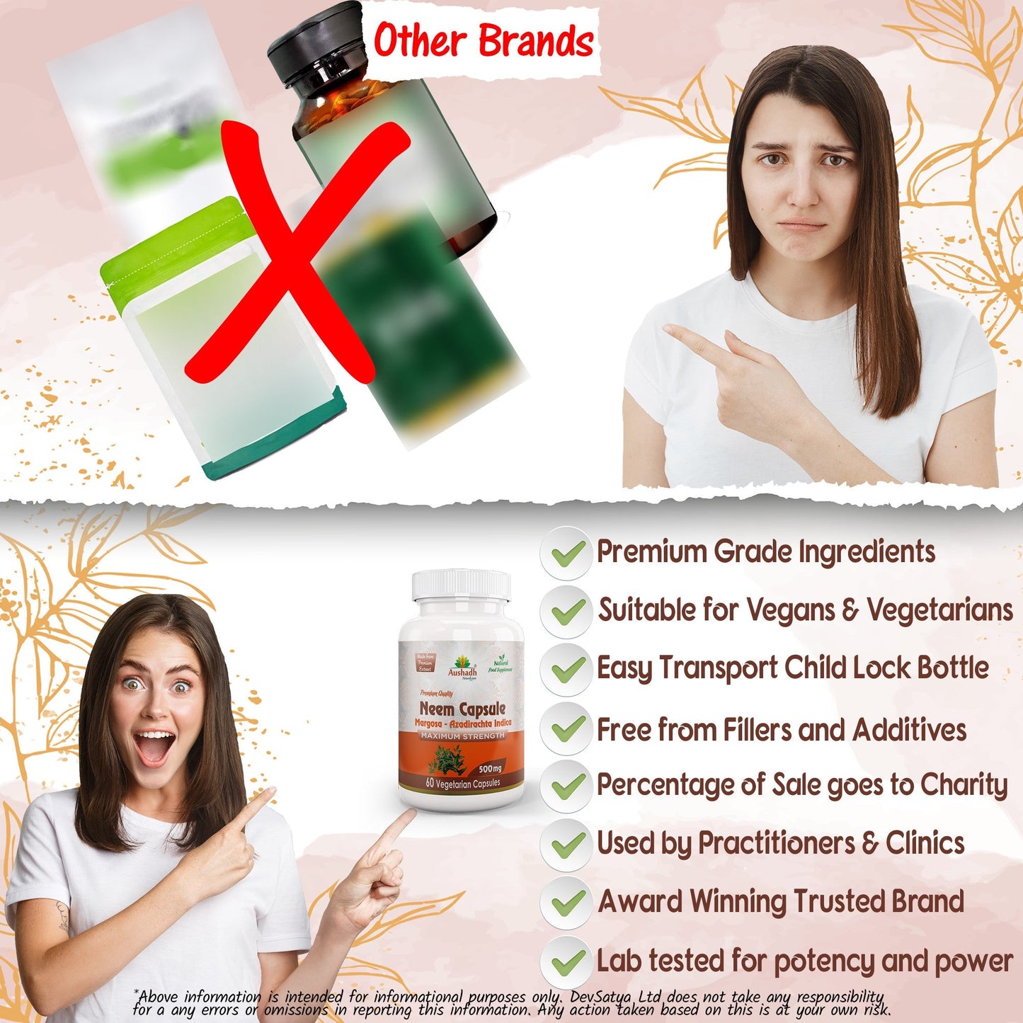 Aushadh Neem Capsules (Margosa) Skin & Immune Wellness Support - Vegan, Gluten Free, Non-GMO, 60 Capsules