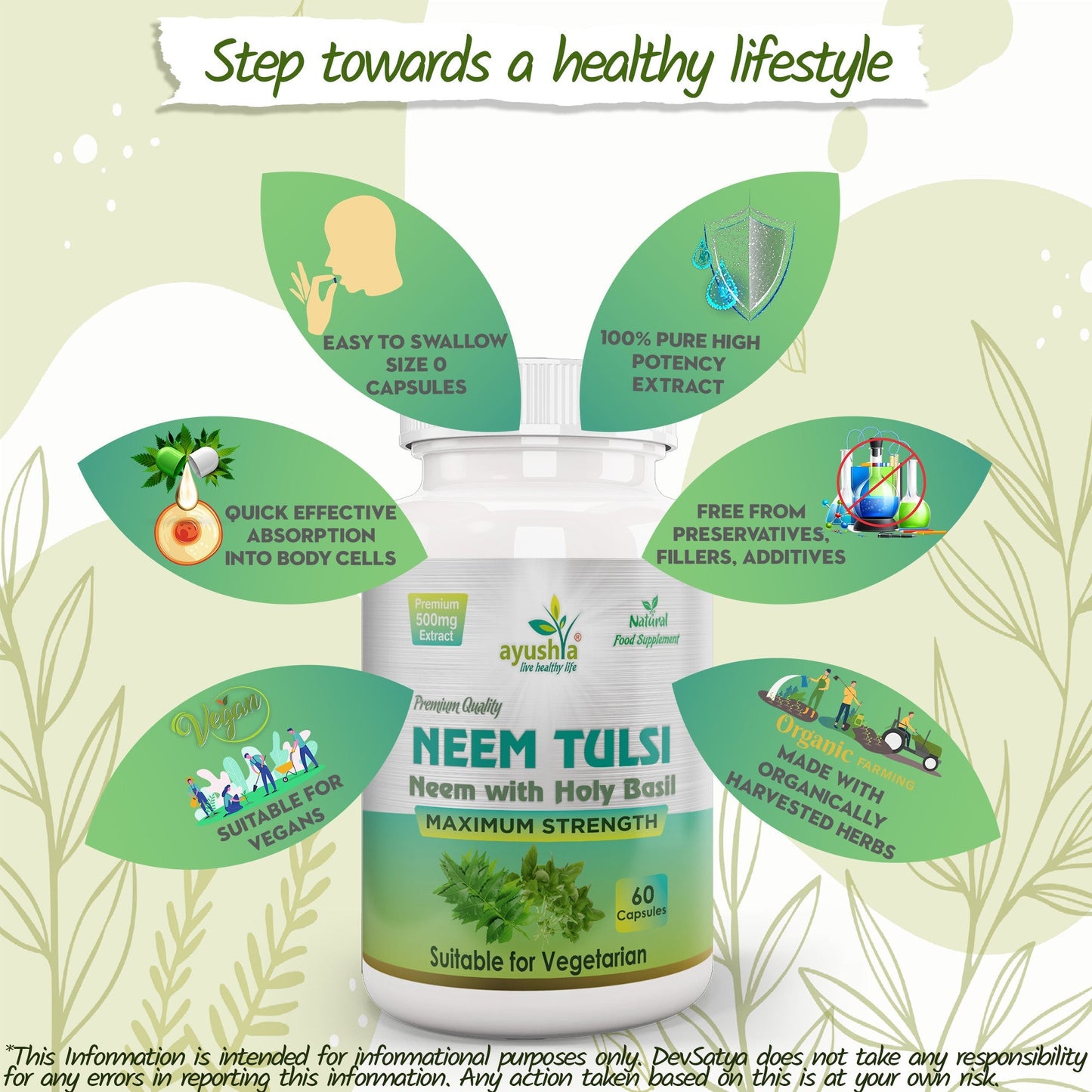 Ayushya Neem Tulsi Capsules Skin Clarity & Immune Wellness Support - Vegan, Gluten Free, Non-GMO, 60 Capsules